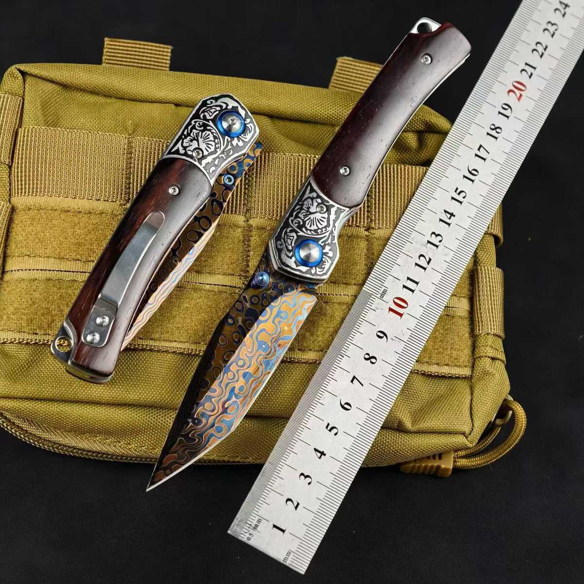 Collector-Grade Damascus Steel EDC Folding Knife – Blue Sandalwood & Multicolor Copper Handle