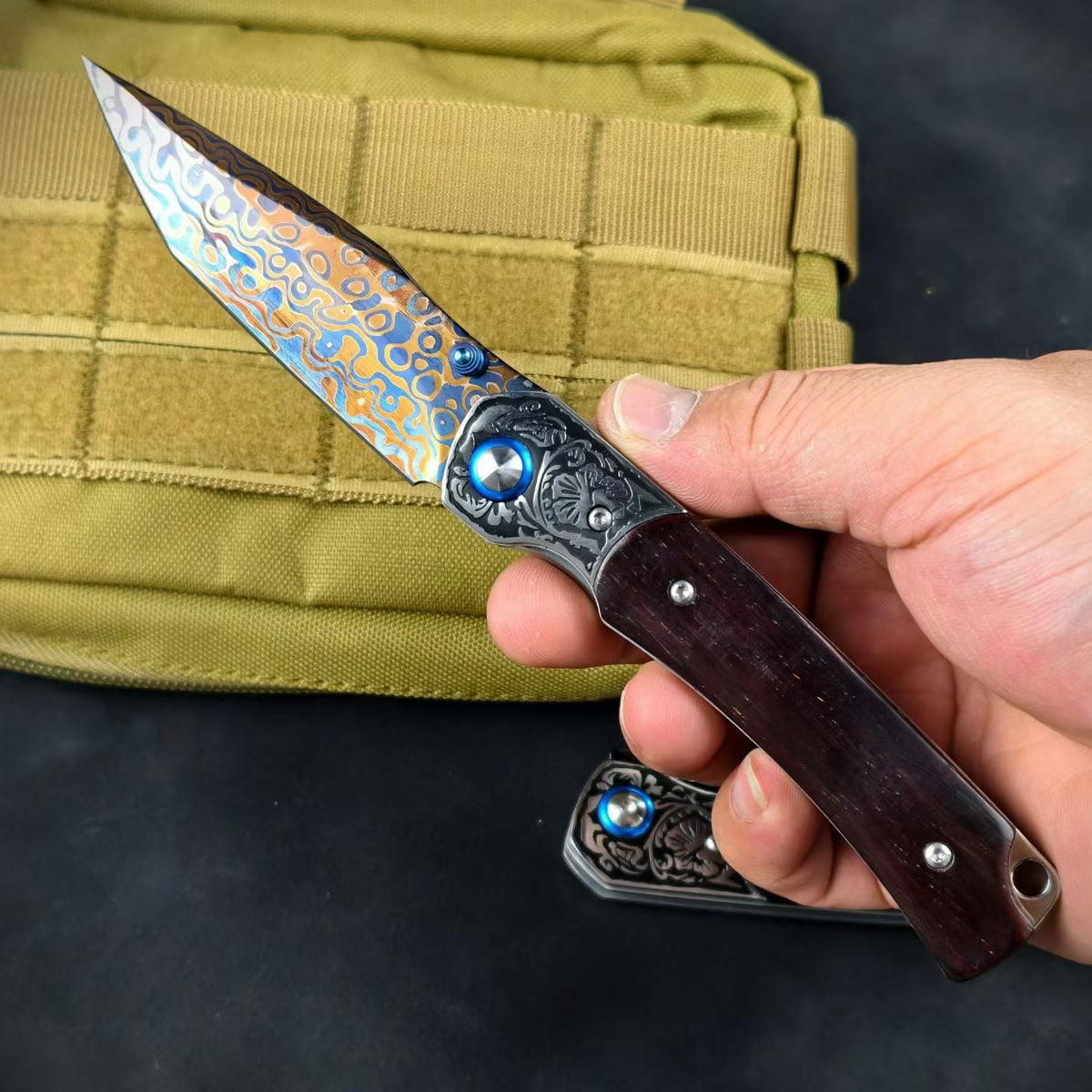 Collector-Grade Damascus Steel EDC Folding Knife – Blue Sandalwood & Multicolor Copper Handle
