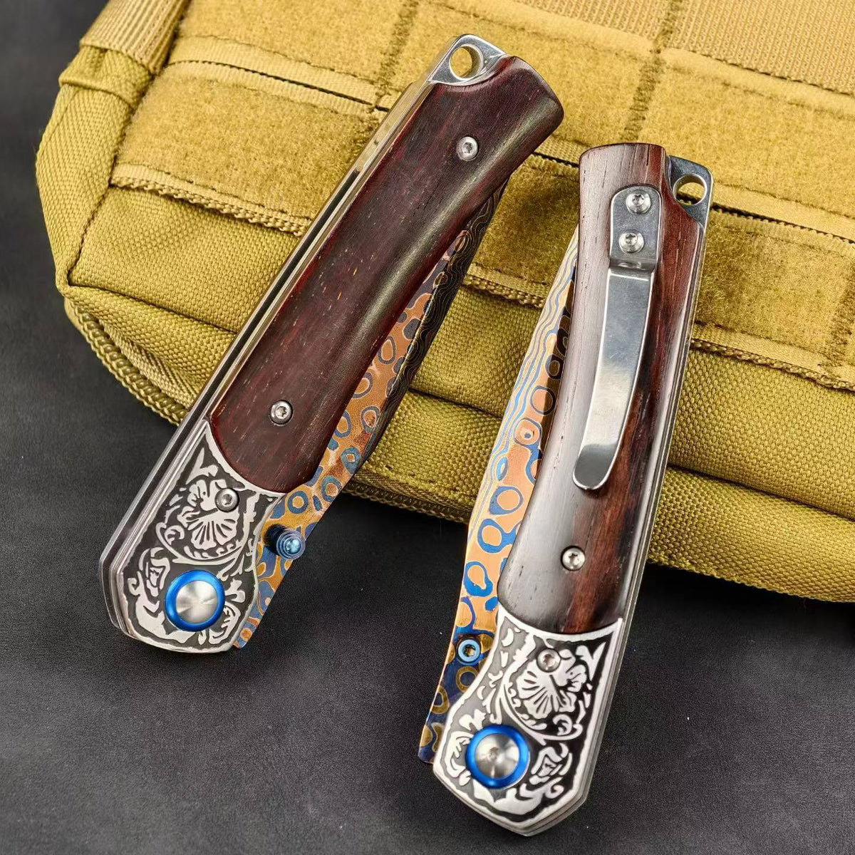 Collector-Grade Damascus Steel EDC Folding Knife – Blue Sandalwood & Multicolor Copper Handle