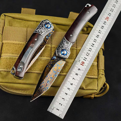 Collector-Grade Damascus Steel EDC Folding Knife – Blue Sandalwood & Multicolor Copper Handle