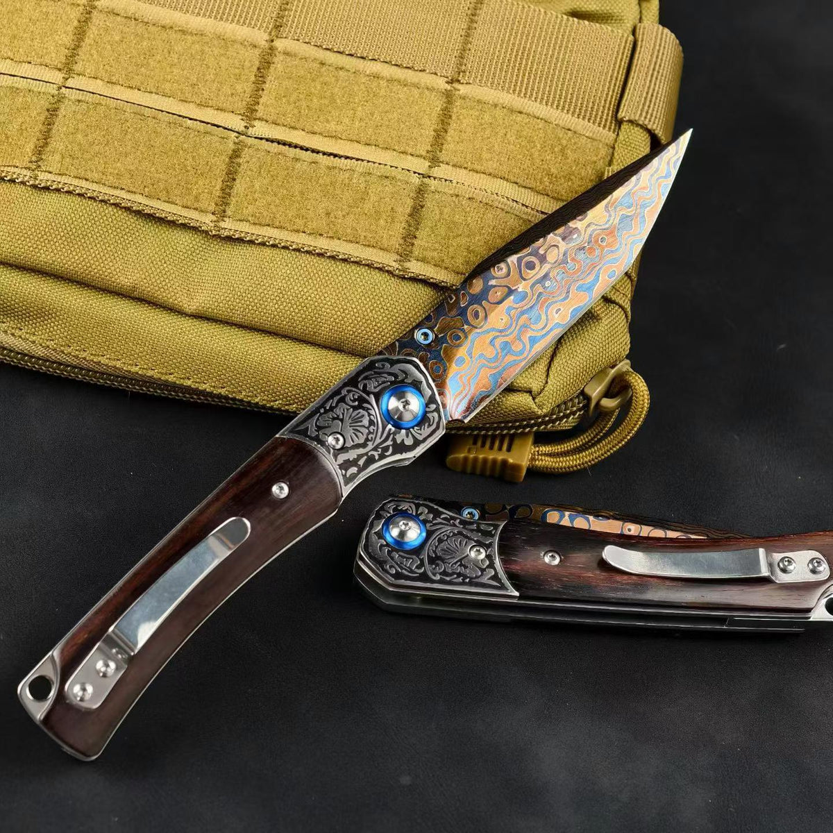 Collector-Grade Damascus Steel EDC Folding Knife – Blue Sandalwood & Multicolor Copper Handle
