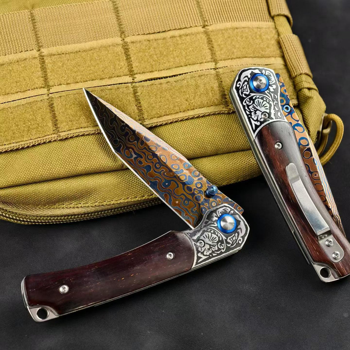 Collector-Grade Damascus Steel EDC Folding Knife – Blue Sandalwood & Multicolor Copper Handle