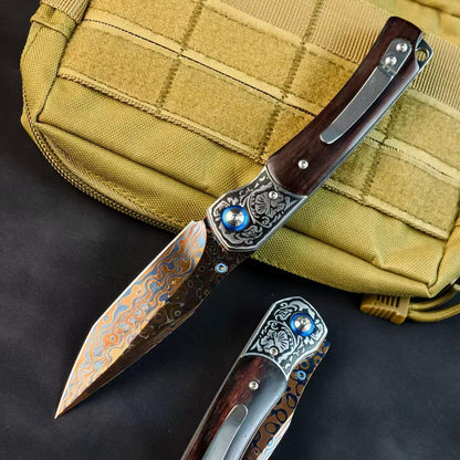 Collector-Grade Damascus Steel EDC Folding Knife – Blue Sandalwood & Multicolor Copper Handle