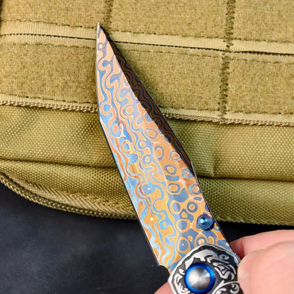 Collector-Grade Damascus Steel EDC Folding Knife – Blue Sandalwood & Multicolor Copper Handle
