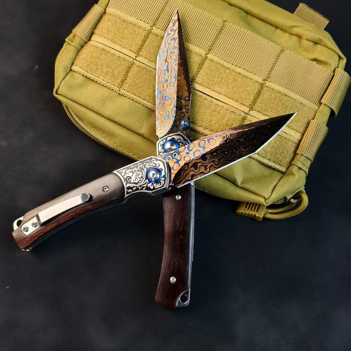 Collector-Grade Damascus Steel EDC Folding Knife – Blue Sandalwood & Multicolor Copper Handle