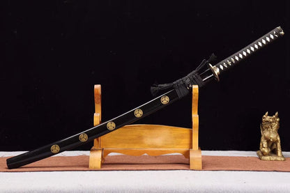 Hand Forged Japanese Samurai Katana Trefoil 1060 High Carbon Steel Baked gold blades