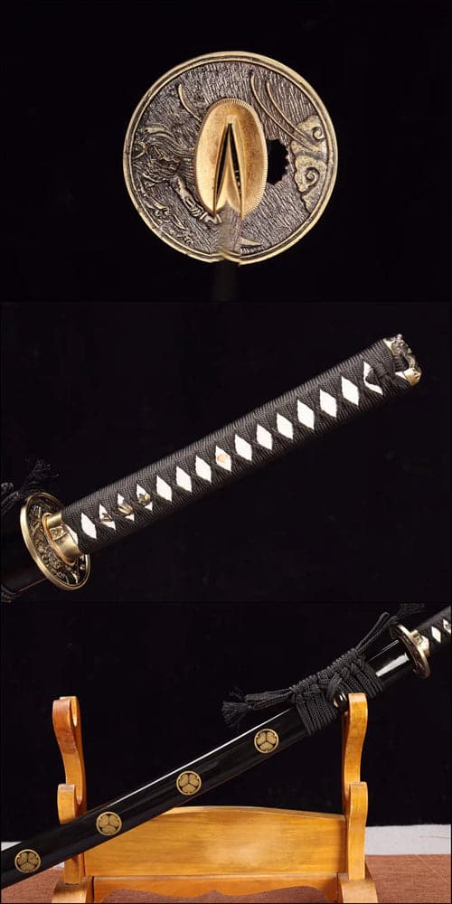 Hand Forged Japanese Samurai Katana Trefoil 1060 High Carbon Steel Baked gold blades