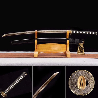 Hand Forged Japanese Samurai Katana Trefoil 1060 High Carbon Steel Baked gold blades