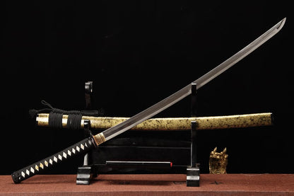 Hand Forged Japanese Samurai Katana Yama T8 carbon tool steel Yellow engraved knife sheath