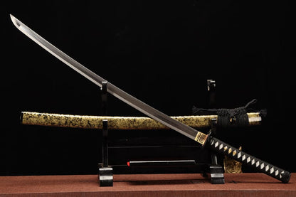Hand Forged Japanese Samurai Katana Yama T8 carbon tool steel Yellow engraved knife sheath
