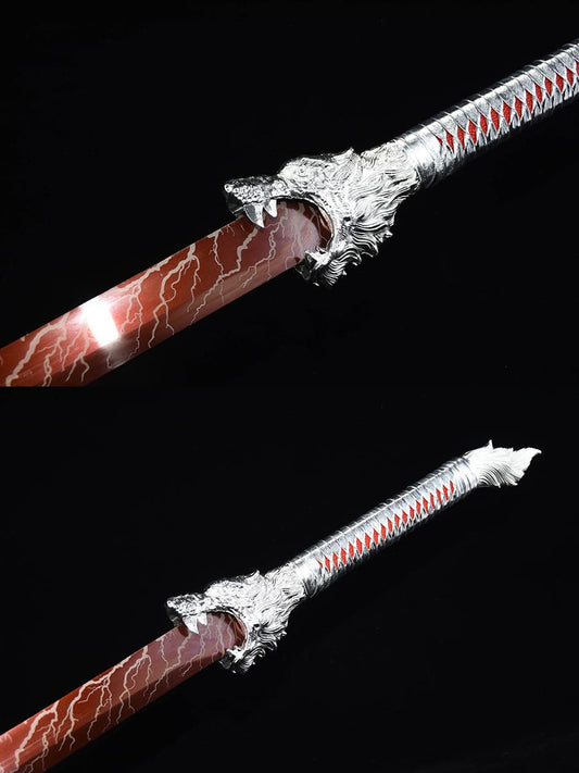 Handmade High Carbon Steel Inferno Thunderwolf  Chinese Sword With Red Blade