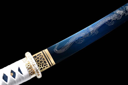 Handmade Japanese Wakizashi White Dragon Chant Short Sword Blue Blade