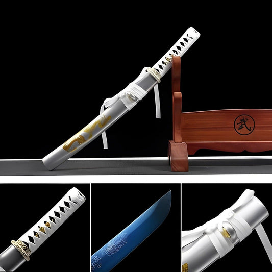 Handmade Japanese Wakizashi White Dragon Chant Short Sword Blue Blade