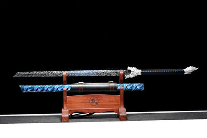 Handmade Silver Moon Wolf King High Manganese Steel Chinese Sword With Baked Blue Blade