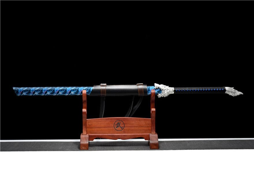 Handmade Silver Moon Wolf King High Manganese Steel Chinese Sword With Baked Blue Blade